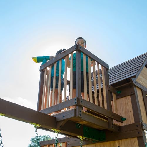Backyard Discovery Skyfort All Cedar Swing Set, Elevated Covered Wood Roof Clubhouse with Bay Windows, 2 Belt Swings, Web Swing, 10ft Wave Slide, 5 ft Tube Slide, Covered Picnic Table, 5 ft Rock Wall - image 4