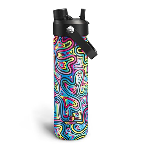 Image of ENCOOL Insulated Water Bottle with Straw Stainless Steel Water Bottle, Leak-Proof, BPA-Free, Double Wall Vacuum Keeps Cold for 24 Hours for Sports, Travel, School (26 oz, Heart Swirl Black)
