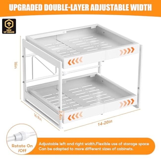 2-Tier Expandable Pull Out Cabinet Organizer, 16.9 Deep Heavy-Duty Slide Rail Slide Out Drawer Organizers with Adhesive Nano Film for Pots, Roll out Shelf Storage for Kitchen & Pantry Storage,White