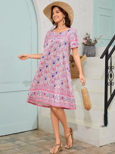 Image of CRIPOM Womens Nightgown Short Sleeve House Dress with Pockets-Floral Print Mumu Dress S-3XL