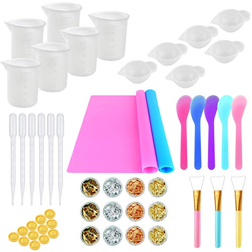 Resin Making Kit- Silicone Mixing Cups for Resin, silicone measuring cups, 2PCS Silicone Mat, Silicone Stir Stick, Glitter Sequins, Plastic Transfer Pipettes, Silicone Epoxy Brushes, Finger Cots