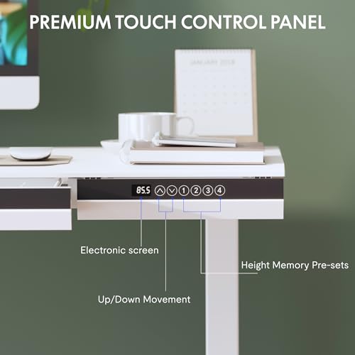 Image of FLEXISPOT One-Piece 48 inch Standing Desk with Acrylic-Front Drawer, Fast-Assembly Ergonomic Sit-to-Stand Desk with MDF Top, 4 Height Memory Presets Touch-Control, Home Office Computer Workstation, White