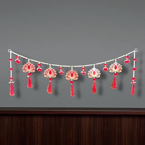 Image of iHandikart Decorative Lotus Toran for Door | Hanging Beads and Tassels for Entrance, Elegant Flower for Backdrop and Handmade Beaded Bandhanwar for Decoration (40 Inch)