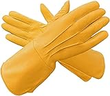 Medieval Renaissance Long Arm Cuff, Genuine Lambskin Leather Cosplay Gauntlet Gloves (Yellow, Medium)