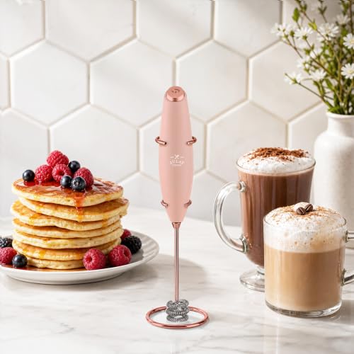 Image of Zulay Kitchen Powerful Milk Frother Wand With Duracell Batteries - Ultra Fast Handheld Drink Mixer - Electric Whisk Foam Maker for Coffee, Lattes, Cappuccino & Matcha - Triple Whisk - Peach Radiance