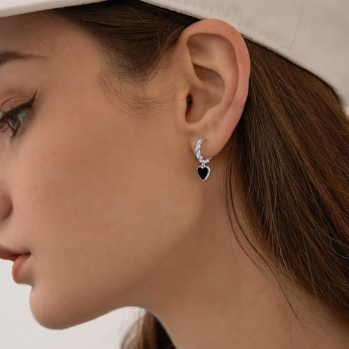 Sterling Silver Black Heart Hoop Earrings for Women - Cubic Zirconia Love Heart-Shaped Loop Dangle Earrings Hypoallergenic Lightweight Fashion Jewelry Gifts for Sensitive Ears for Her Wife Teens2