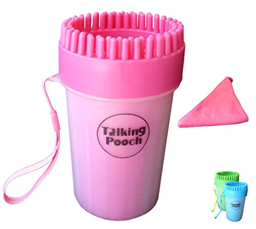 Talking Pooch Dog Paw Cleaner (Pink) - Portable Cup with Silicone Brush & Gentle Bristles with Towel for Cleaning Dirty Muddy Pet Paws