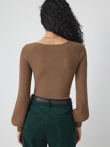Image of CIDER Women's Crop Top Sweater Square V Neck Lantern Sleeve Cute Rib Knit Pullover