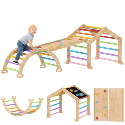 AIYAPLAY Triangle d'escalade Enfant 9 en 1 en Bois, avec Rampe réversible, Toboggan, Bascule et Structure d'escalade, Charge Max. 50 kg, pour bébé 18-48...
