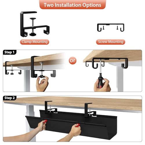Image of Univivi No Drill Under Desk Cable Management Tray, 28 inch Cord Organizer for Table, Clamp /Screw Mount Desk Cable Management, Premium Fabric Cable Management Tray for Office, Home