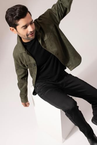 Image of PERCH Men Green Suede Solid Cut & Sew Jacket|Men's Stylish Jacket, Comfortable Regular Fit, Full Sleeves,Lightweight Design, Suitable for Casual Wear, Travel &Everyday Outfits