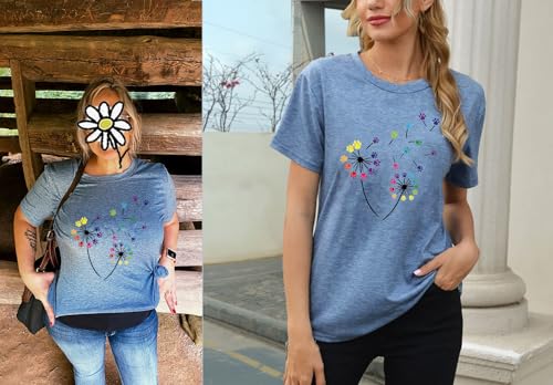 Image of Womens Dandelion T Shirts Sunflower Graphic Short Sleeve Casual Tops