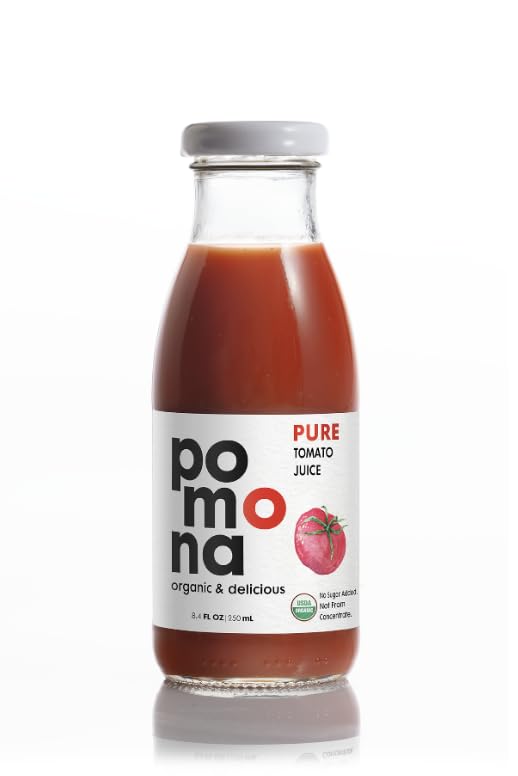 Image of Pomona Organic Juices Pure Tomato Juice, 8.4 Ounce Bottle (Pack of 12), Cold Pressed Organic Juice, Non-GMO, No Sugar Added, Not from Concentrate, Gluten Free, Kosher Certified, Preservative Free