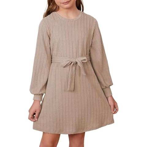 DOKOTOO KIDS Girls' Special Occasion Dresses Casual Long Sleeve Crewneck Textured Belted Back to School Dress Khaki 8-9 Years Cover