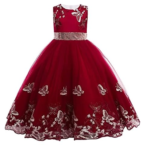 IBTOM CASTLE Jugendweihe Kleider - Blumenmädchenkleider Ärmellos Regenbogen-Netz Prinzessin KleiderTüll Festzug Geburtstag Abschlussball Brautkleid Abendkleid Burgunderrot 5-6 Jahre Cover