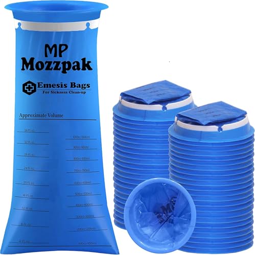 MP MOZZPAK Vomit Bags Disposable 50 Pack - 1000ml Emesis Bags, Leak-Proof Barf Bag, Travel Friendly Puke & Nausea Bag for Motion Sickness, Medical Grade Throw up Relief for Car, AirPlane, & Road Trip