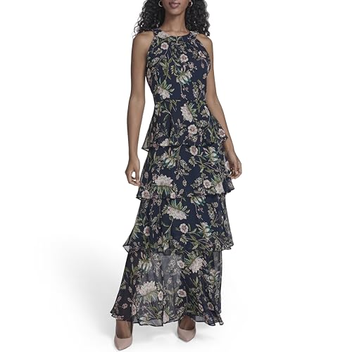 Image of Tommy Hilfiger Women's Sleeveless Halter Neck Tiered Skirt Maxi Dress