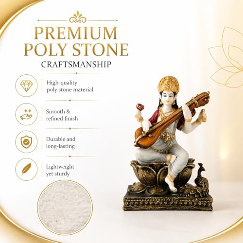 Image of ARMONIA Saraswati Devi Idol with Veena 7.8 Inch Home Decor |Polystone Figurine Marble Looks|Maa Saraswati Murti for Pooja,Mandir,Showpiece & Gifting Item|Best Religious Gift for Wedding & Housewarming