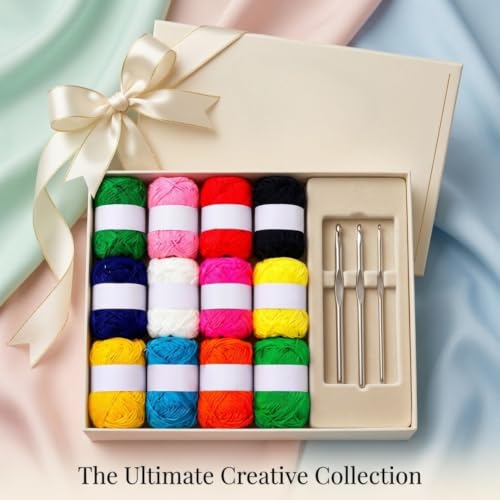 Image of Yarn Kit with Hooks - 12 Multicolour Yarn Wool Oon Balls + 4 Crochet Kroshiya Needles Set for Beginners, DIY Knitting & Craft Kit for Kids & Adults, Soft Wool Yarn Bundle for Crochet Projects