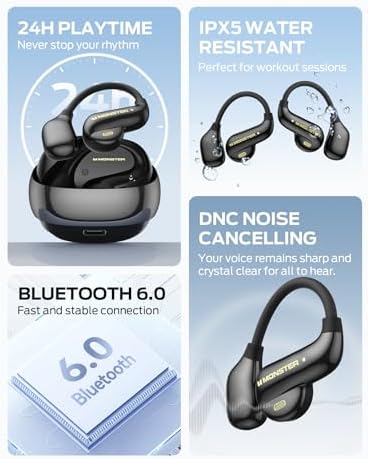 Monster Open Ear AC390 Headphones, Bluetooth 6.0 Earbuds with Stereo Sound, Wireless Headphones 24H Playtime, IPX5 Waterproof, Rotating Charging Case with Lanyard, Ultra-Light Open Ear Earbuds - 4