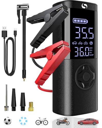 Jump Starter with Air Compressor, Peak Car Jumper Starter Portable, Jump Box with Jumper Cables, for Cars and Motorcycles, LCD Display