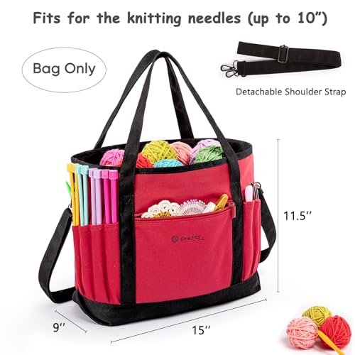 Image of Canvas Yarn Storage Organizer Bag Washable Crochet Bag with Pockets for Yarn, Hooks, Needles - Travel Knitting Tote for Crafters - Gift for Crocheters & Knitters (Medium /Large)