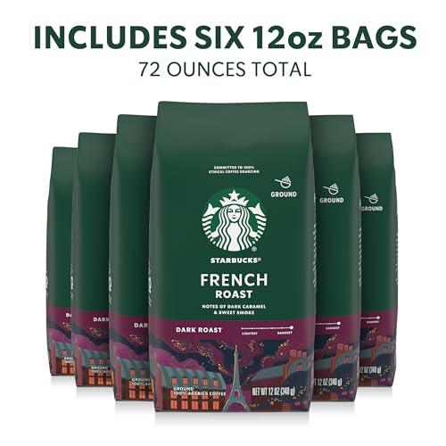 Image of Starbucks Ground Coffee, Dark Roast Hot or Iced Coffee, French Roast, Six 12 oz Bags