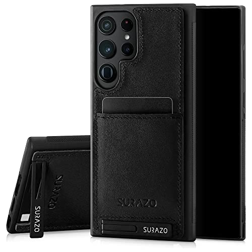 Custodia posteriore in vera pelle per Samsung Galaxy S23 Ultra - antiurto con scomparto per carte di credito funzione leggio portachiavi vintage slim bumper nero