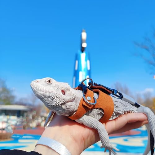 Image of Bearded Dragon Harness and Leash Set, Adjustable Harness Soft Leather-3 Sizes (S, M, L) with Leash, Lizard Reptile Traction Rope Walking Vest Accessories for Bearded Dragon, Iguana or Gecko (Brown)