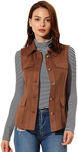 Allegra K Women's Faux Suede Vest Utility Buttoned Sleeveless Jacket with Cargo Pocket Small Brown