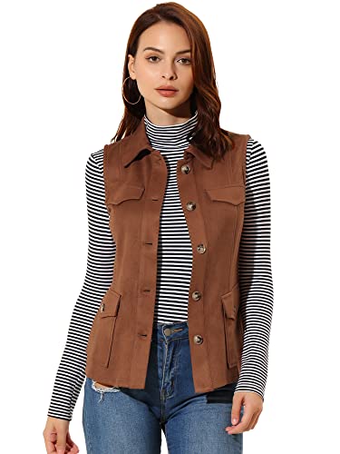 Allegra K Women's Faux Suede Vest Utility Buttoned Sleeveless Jacket with Cargo Pocket