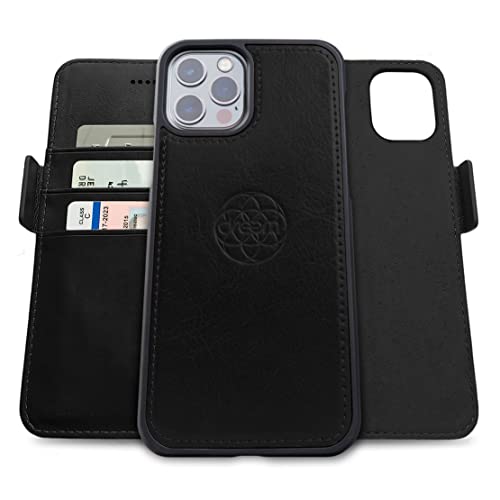 Image of dreem Fibonacci 2-in-1 Wallet Case for Apple iPhone 12 & 12 Pro - Luxury Vegan Leather, Magnetic Detachable Shockproof Phone Case, RFID Card Protection, 2-Way Flip Stand - Black