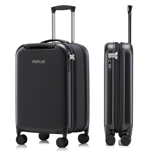ROPLUS Foldable Carry On Luggage Durable Hardside Suitcase with Mute Wheels Waterproof Expandable Harshell Rolling Luggages with Side Pocket TSA Lock (Black 20-Inch)