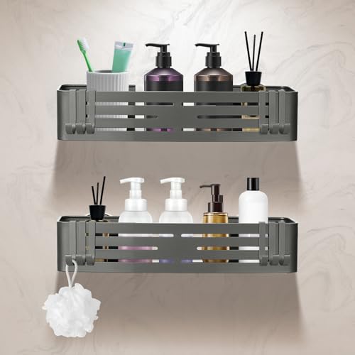 Lekesky Corner Shower Caddy Suction Cup, 2-Pack Aluminum Bathroom Shelf Shower Rack, Detachable and Reusable, No Drilling (Gunmetal Gray)