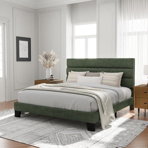 Image of Allewie King Size Platform Bed Frame with Velvet Upholstered Headboard and Wooden Slats Support, Fully Upholstered Mattress Foundation /No Box Spring Needed /Easy Assembly, Green