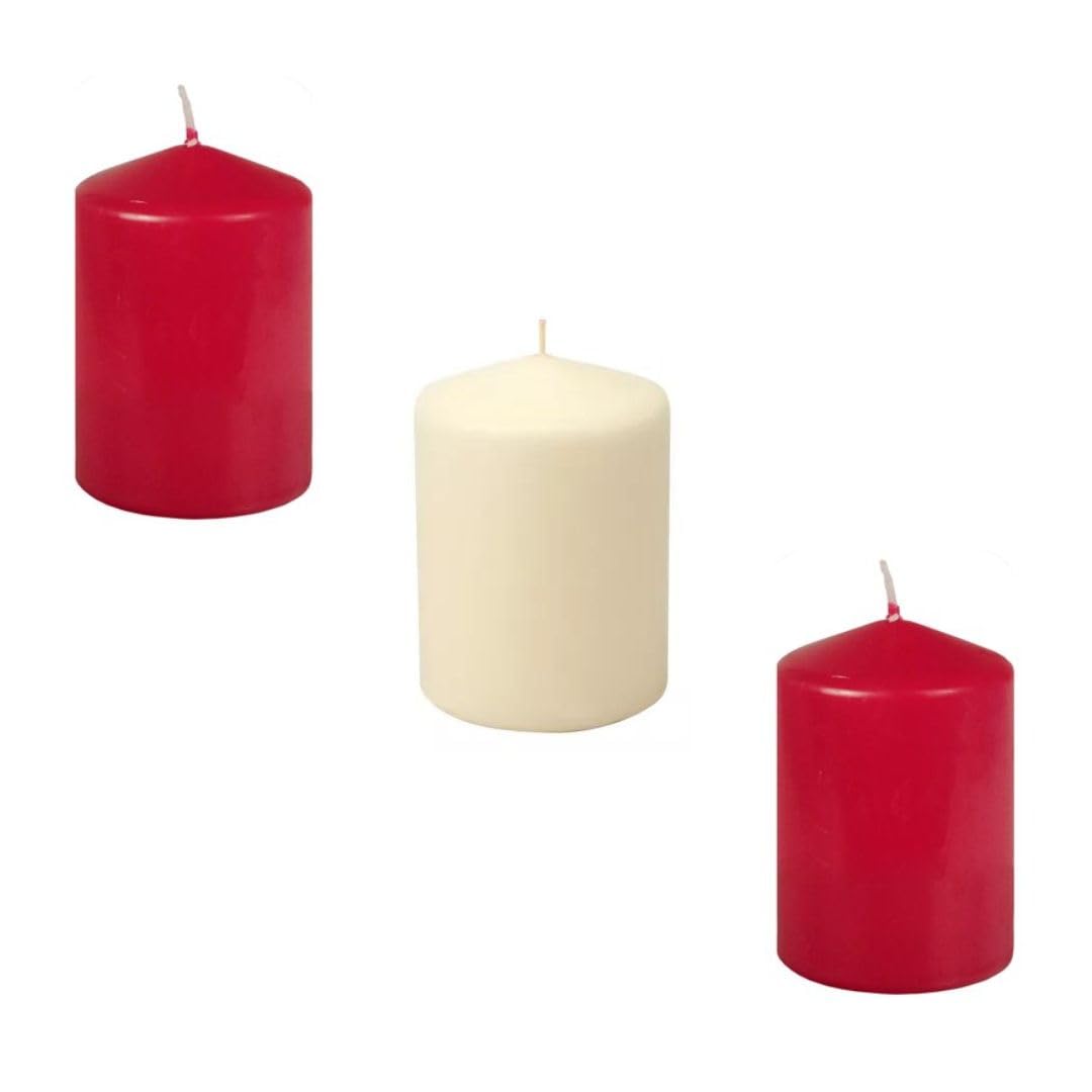 Premium Quality Red Pillar Candles,SPA Candles,Party Candles,Unscented Candles,Decorative Candles (Red-Ivory Pack of 3)
