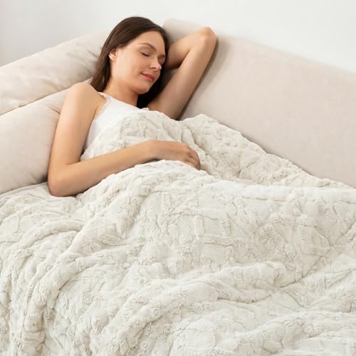 Wemore Weighted Blanket for Adults Twin Size 15 lbs, Dual Sided Soft Fuzzy Jacquard Sherpa Weighted Blankets for Sleeping, Cozy Fluffy Knitted Heavy Blanket for Couch Bed, Cream White, 60 x 80 inches