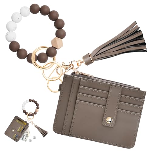 Image of KNGITRYI Wristlet Wallet for Women,RFID Keychain Wallet with Beaded Strap | 8 Card Slots,ID Window,Zipper Pocket,Leather Tassel,Compact Design
