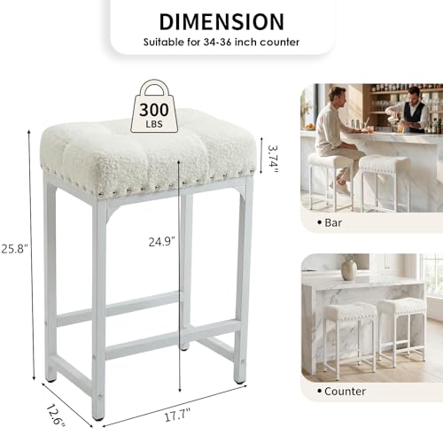 Image of Counter Height Bar Stools Set of 2, 24 Inch Bar Stools for Kitchen Counter, White Boucle Saddle Backless Barstools, Modern Counter Stools Kicthen Island Stools, Off White