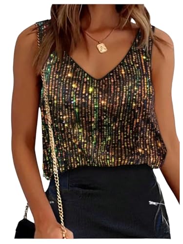 MakeMeChic Women's Sequin Tank Top Sparkly Sleeveless V Neck Rave Party Tops Clubwear Black and Gold Medium