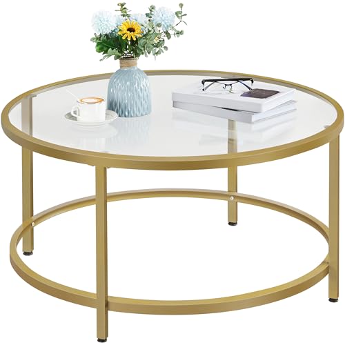 Yaheetech Gold Glass Coffee Table for Living Room, 36″ Round Glass Coffee Table with Metal Frame, Circle Coffee Table for Home, Office, Apartment