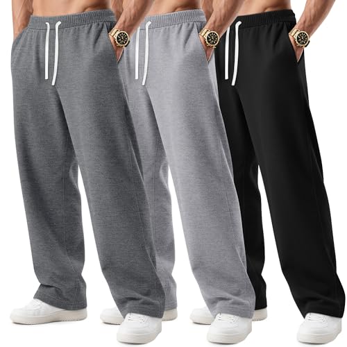 August Alley 3 Pack Big and Tall Mens Sweatpants Open Bottom Athletic Pants Drawstring Elastic Waist with Pockets(Mix Gray, Light Mix Gray, Black,3X-Large)