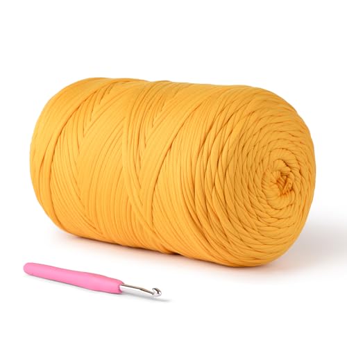 Image of (800g/228yds) T Shirt Yarn, Soft Tshirt Crochet Yarn for Crafts and DIY Knitting Crocheting Cloth/Bag/Basket/Coaster, 100% Polyeste Elastic Fabric Chunky Thick Yarn for Crocheting (Gold Color)