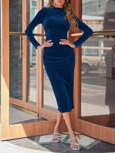 Wenrine Women's Velvet Bodycon Midi Dress Long Sleeve Ruched Elegant Cocktail Party Dresses2