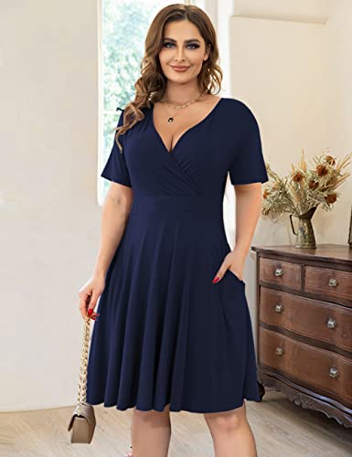 Image of Ahlaray Plus Size Faux Wrap Dress for Curvy Women with Pockets | Flattering faux wrap V-neck with soft stretch fabric and pockets for work, weddings and everyday comfort.
