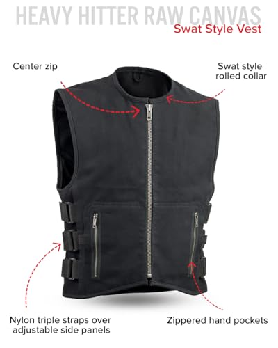 Image of First Mfg Co - Knox - Men's Motorcycle Biker Riding Black Canvas Vest - Extra Large - Adjustable Strap Conceal Carry Pockets