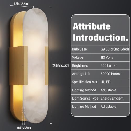 Image of Alabaster Wall Sconces Set of 2,19.7'' Brass Wall Sconce Natural Marble Wall Sconce for Bathroom, Indoor Modern Wall Light Fixtures for Living Room Hallway Stairs Vanity Bedside, Gold