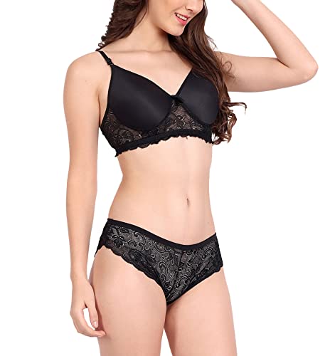 Image of FIMS - Fashion is my style Women Cotton Floral Lace Padded, Non-Wired, Full Coverage, Seamless Bra Panty Set, Multicolor, Lingerie Set