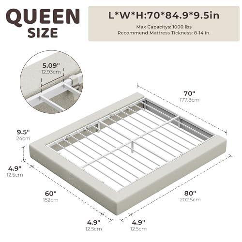 Image of RECCI AirFrame Bed Frame, Cloud Upholstered Platform Bed Frame, 5 Inch Fully Boxy Foam Cushioned, Square Shape Base, No Box Spring Needed, Easy Assembly, Soft Low-Profile (Cream Boucle, Queen)