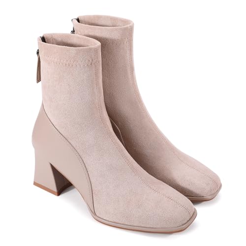 Zelaprox Women's Square Toe Ankle Boots Low Block Heel Chelsea Boots Back Zipper Comfortable Mid Calf Booties Shoes